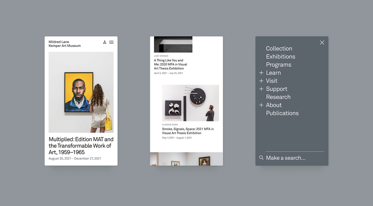 Image of Kemper Art museum website on 3 mobile devices, showcasing varied, dynamic displays and clean design.